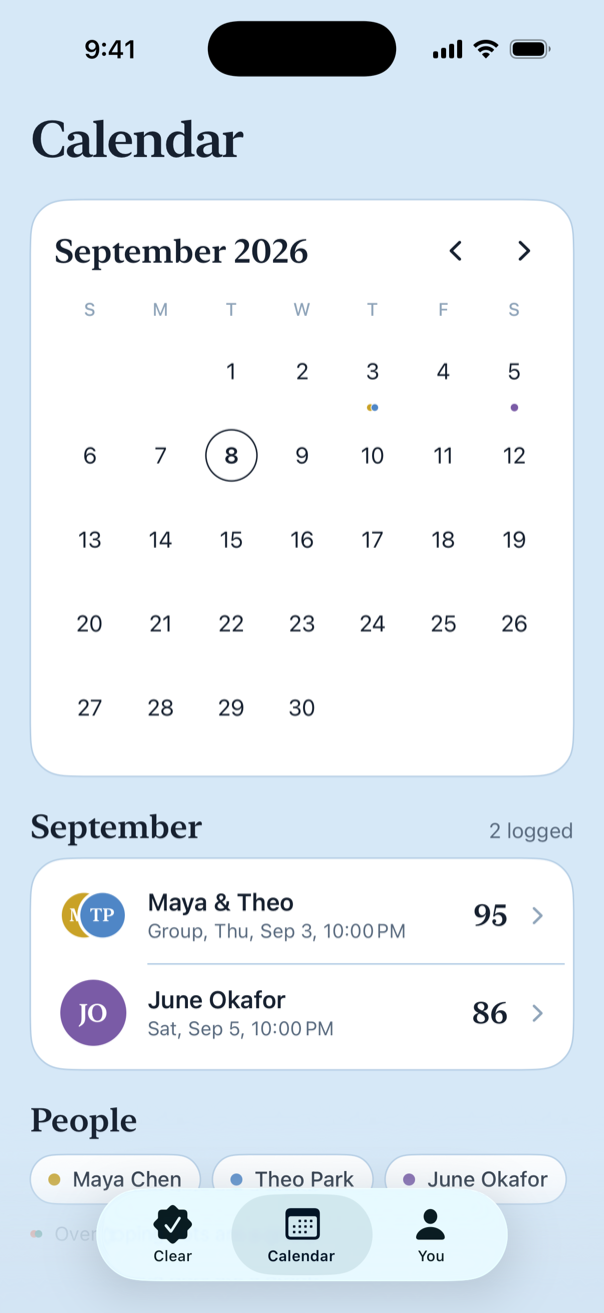 Calendar with a colored dot per partner on each day.