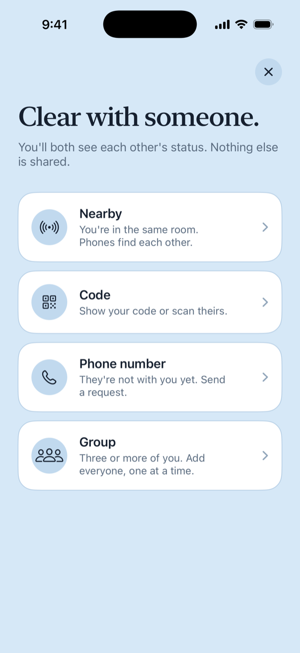 Clear with someone: Nearby, Code, Phone number, or Group.